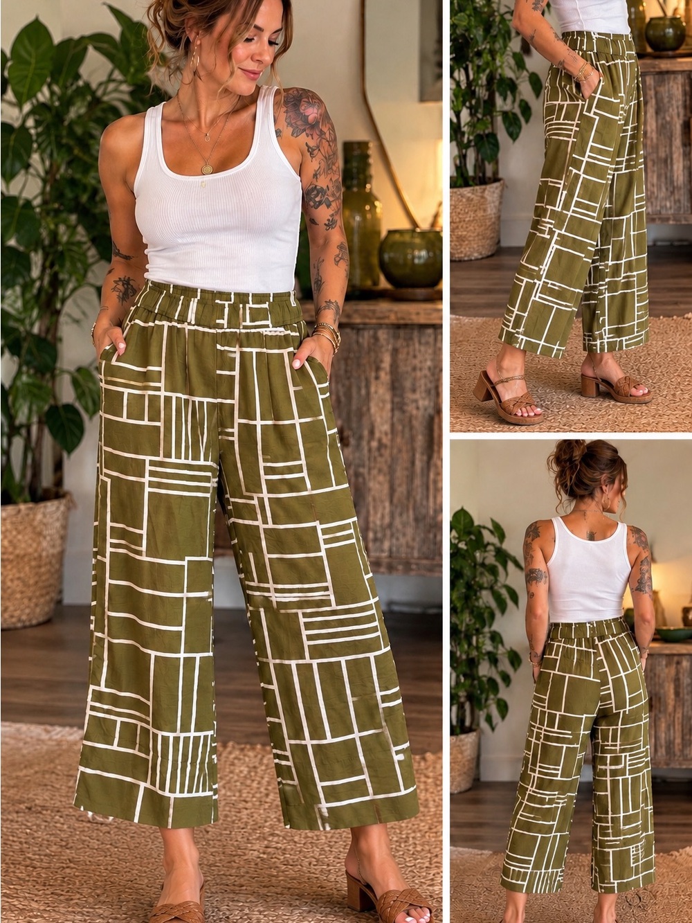 Meg and Margot Olive Green Geometric Wide Leg Pants Size M